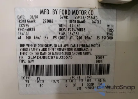 2007 Lincoln Mkx z USA, uszkodzony, nr VIN 2LMDU88C67BJ35575